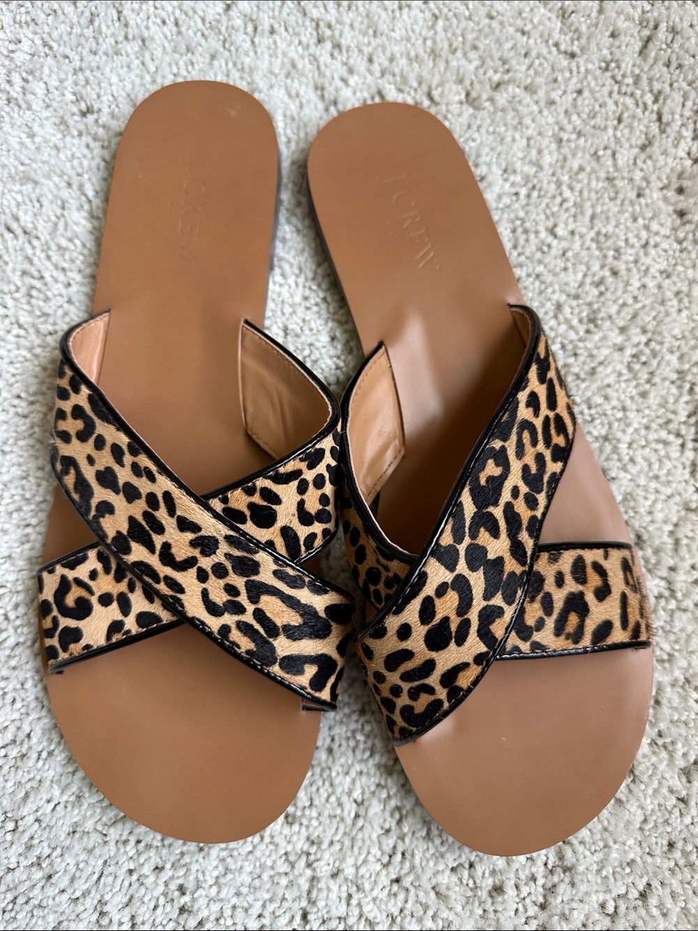 J.Crew Leopard Print Calf Hair Crisscross Slide Sandals - Size 9